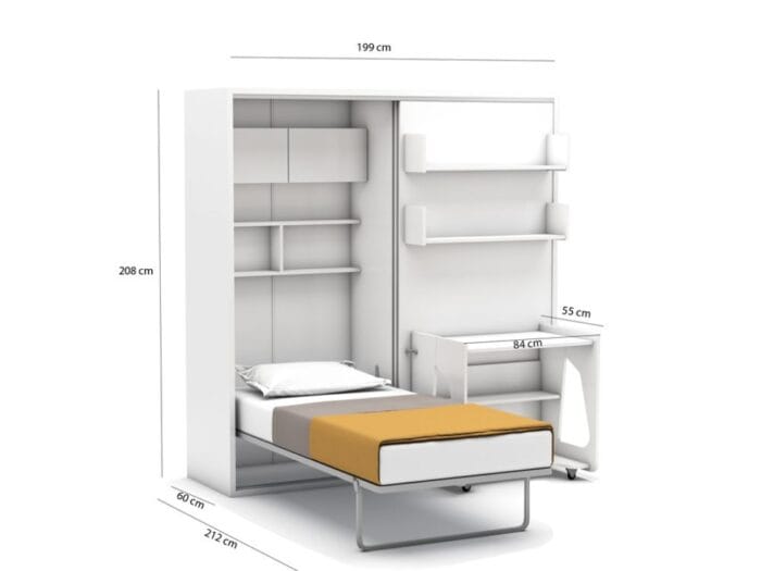 1 persoons hotelopklapbed maat 90 x 190, verticaal, met kast en bureau - Afbeelding 6