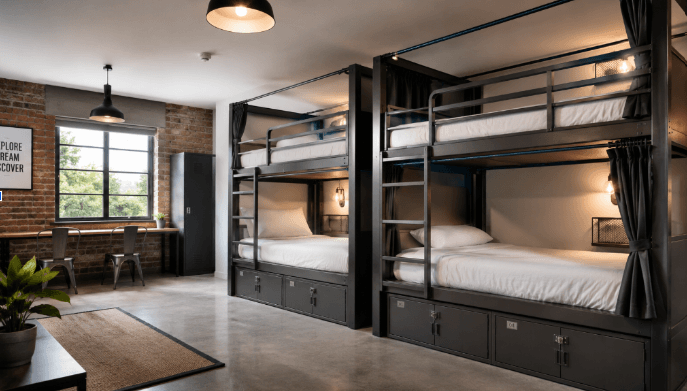 Heavy-duty industriële metalen stapelbedden met ingebouwde lockers en privacygordijnen in een moderne hostelkamer met een bakstenen muur.