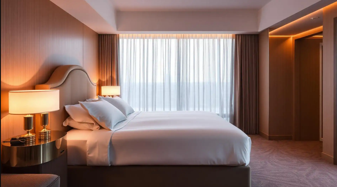Luxe hotelkamer met groen verlichte bedframe, symboliserend duurzame Green Key-gecertificeerde matrassen van Het Hotelbed met Duitse productie.