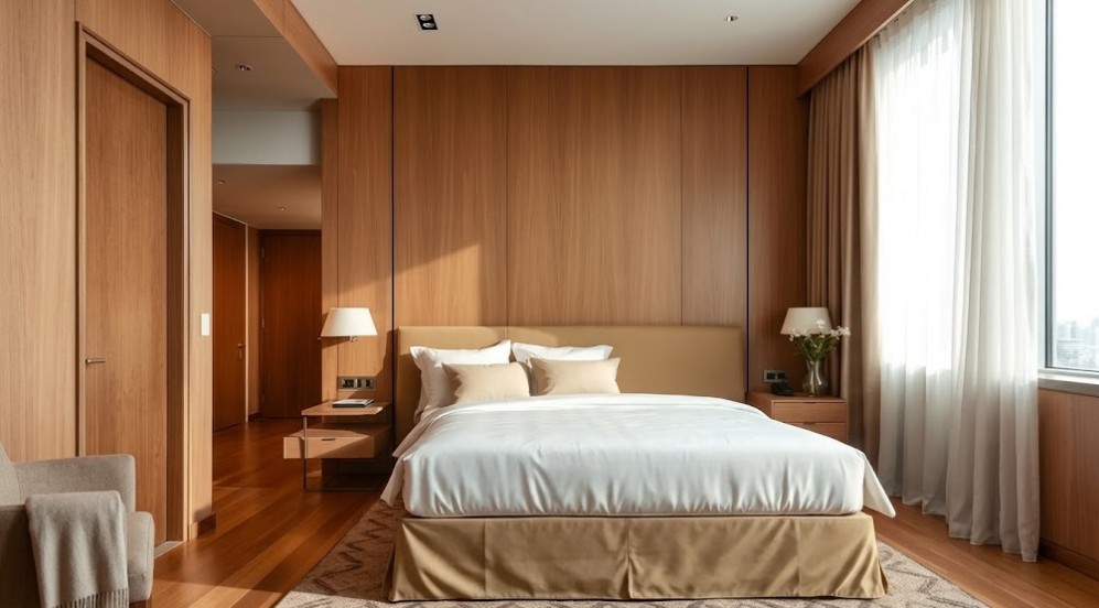 het-hotelbed-brandvertragend-textiel-trevira-cs Luxe hotelkamer met opgemaakt bed voorzien van brandvertragend Trevira CS textiel van Het Hotelbed
