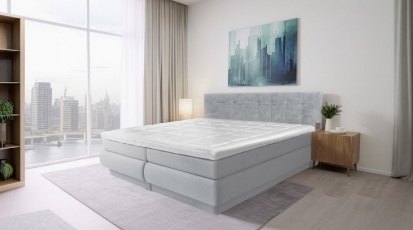 hotelbed-leasen-of-kopen-kosten-vergelijking.jpg boxspring in modern hotelkamer interieur met uitzicht op stad