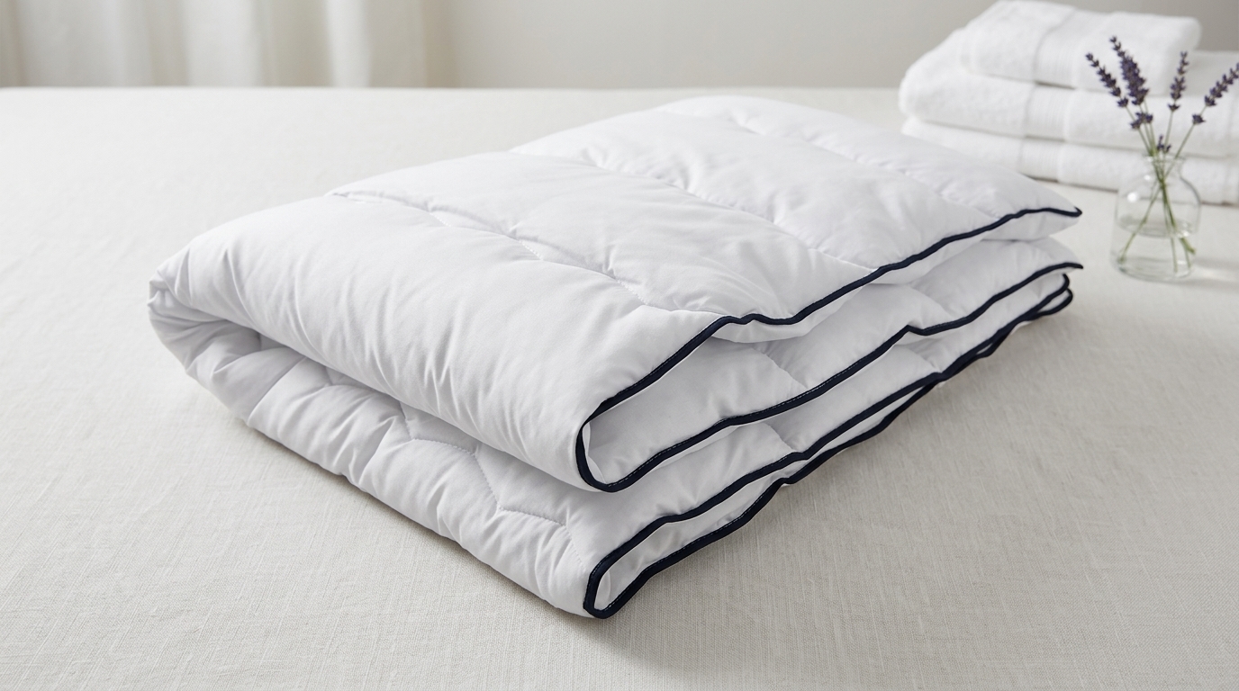 hotelbeddengoed-dekbed-wasbestendig-hethotelbed Opgevouwen hoteldekbed van Het Hotelbed, wasbestendig en geschikt voor professioneel gebruik