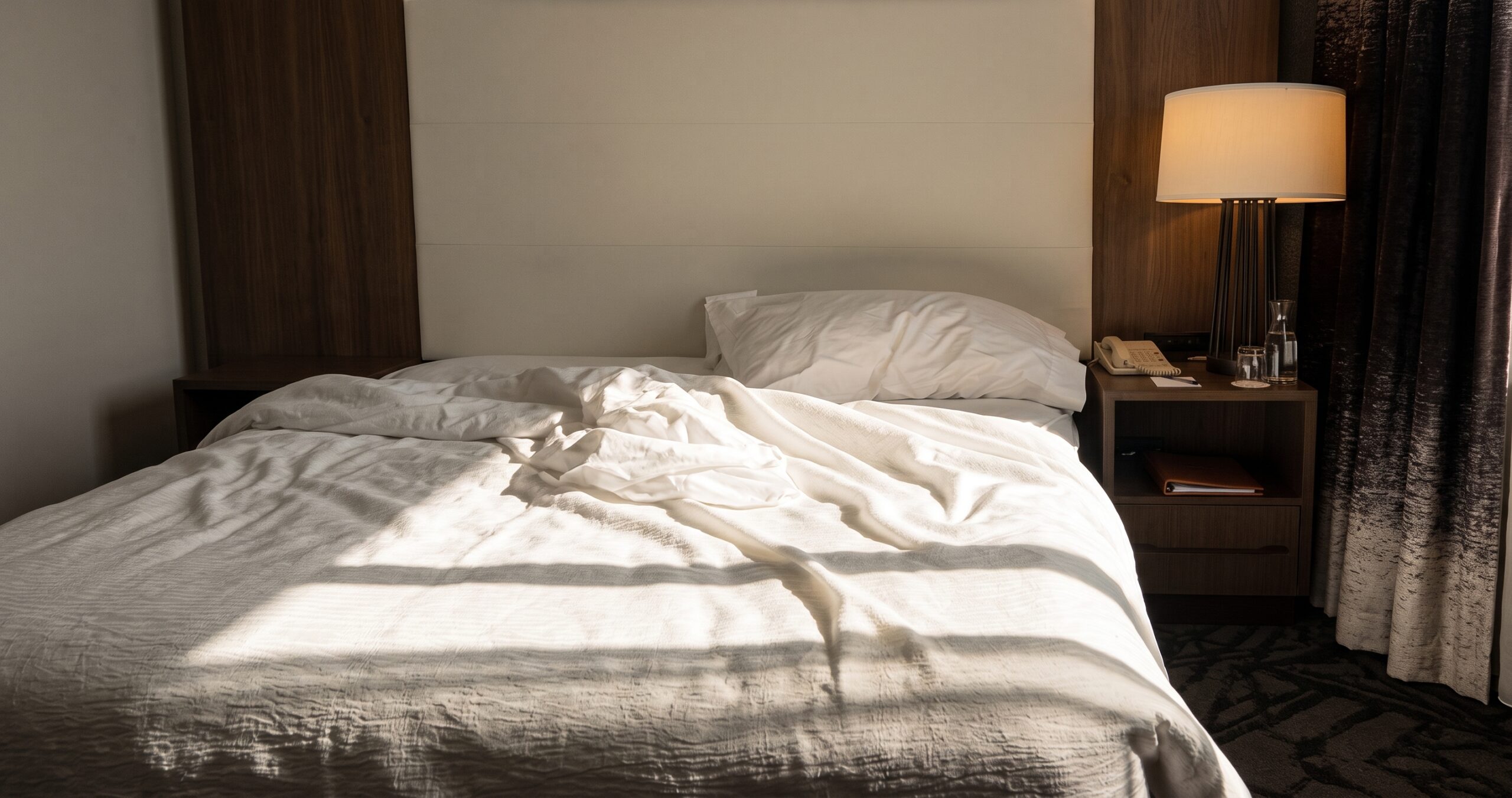 Een onrustig beslapen hotelbed met verkreukelde lakens in het ochtendlicht na een warme nacht.