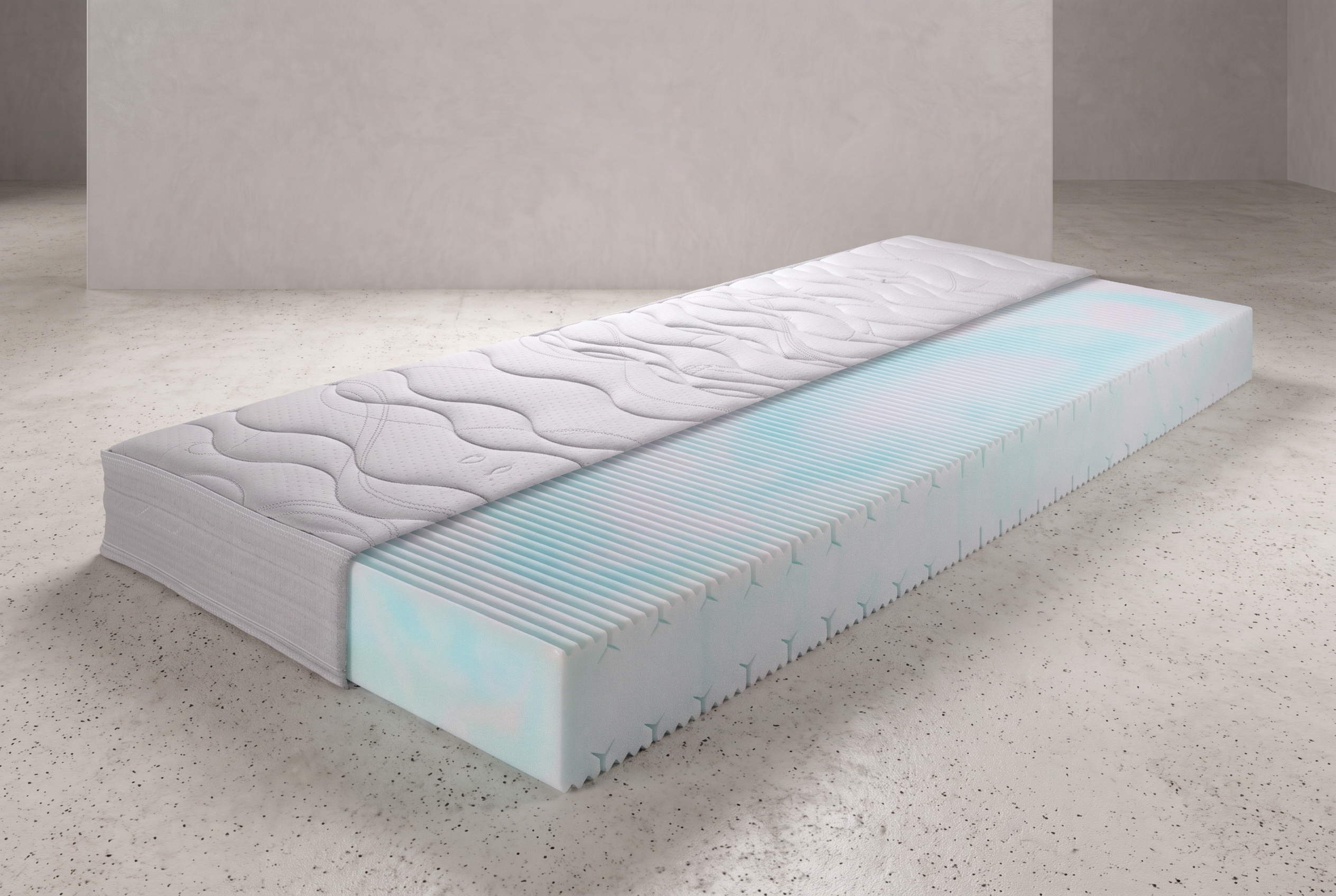 Doorsnede van ventilatie en luchtcirculatie in een pocketvering hotelmatras met koudschuim en Tencel hoes.
