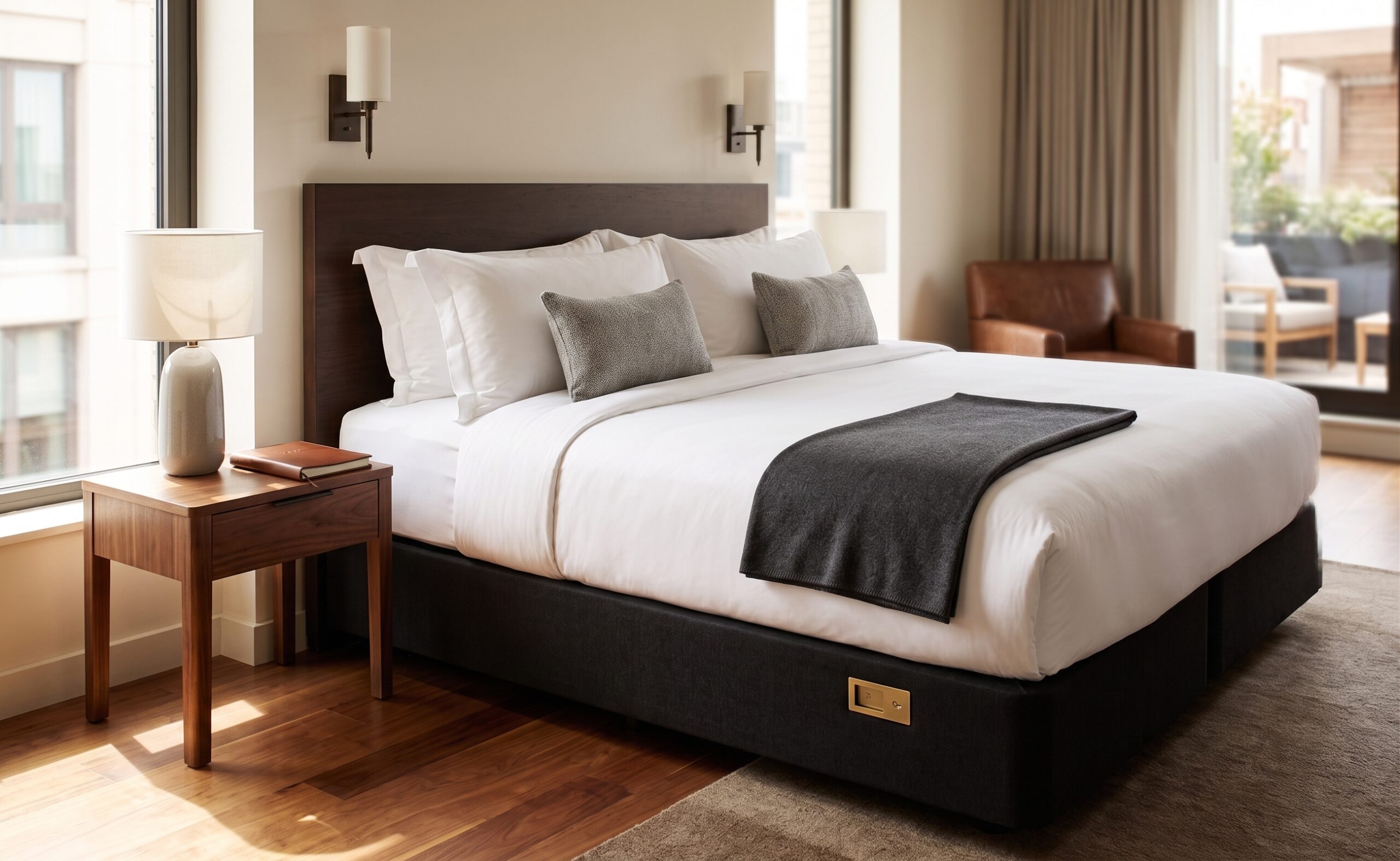 zwevende-hotelboxspring-fly-luxe-hotelkamer Zwevende hotelboxspring Fly opgesteld in een luxe, moderne hotelkamer met zwevend frame en vrij zicht op de vloer.