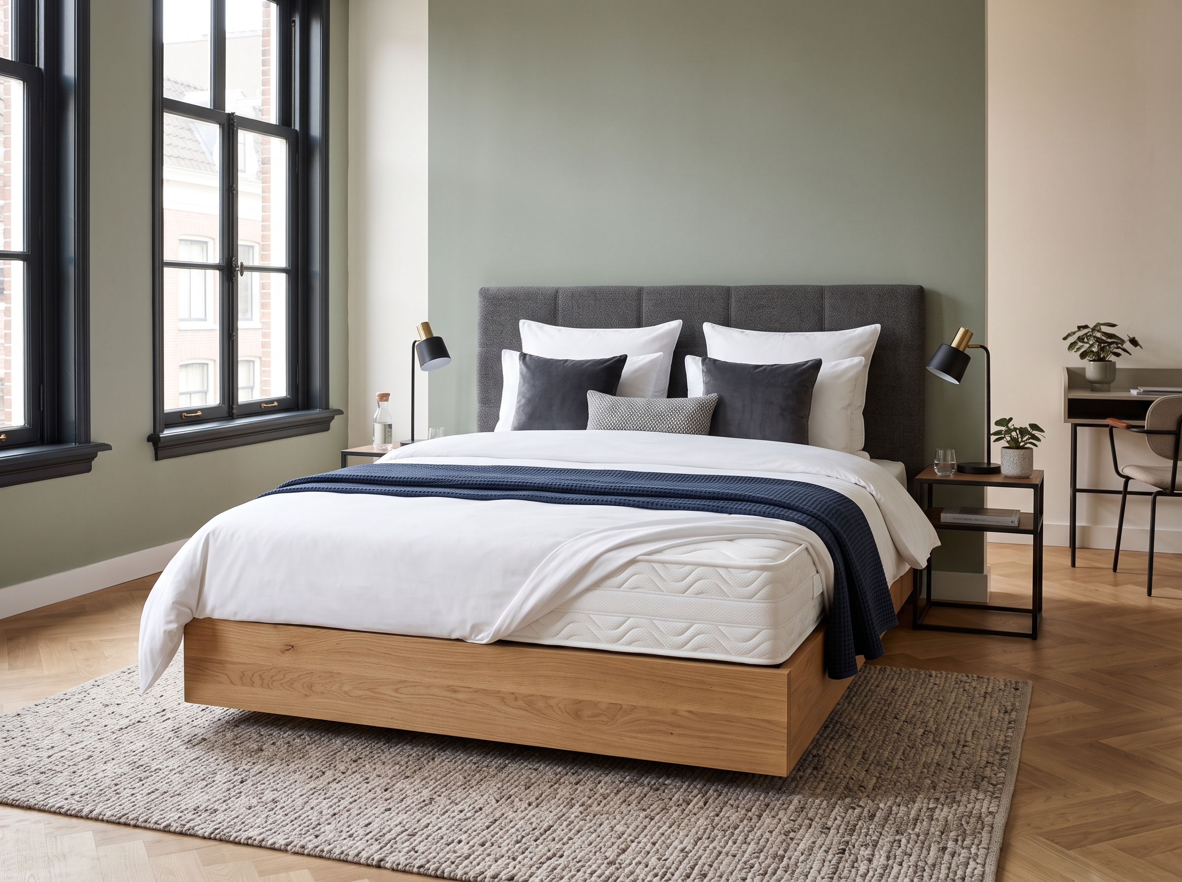Brandveilige pocketveer hotelmatras met gecertificeerde Trevira CS hoes in een moderne, sfeervolle hotelkamer.