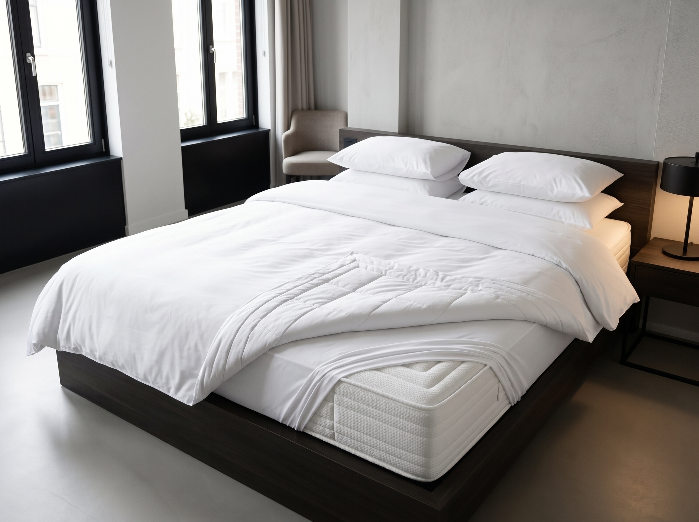 duurzaam-hotelbed-gecertificeerd-matras-het-hotelbed Duurzaam hotelbed in een moderne minimalistische hotelkamer met teruggeslagen beddengoed om de gewatteerde tijk en de opbouw van het gecertificeerde hotelmatras te tonen.