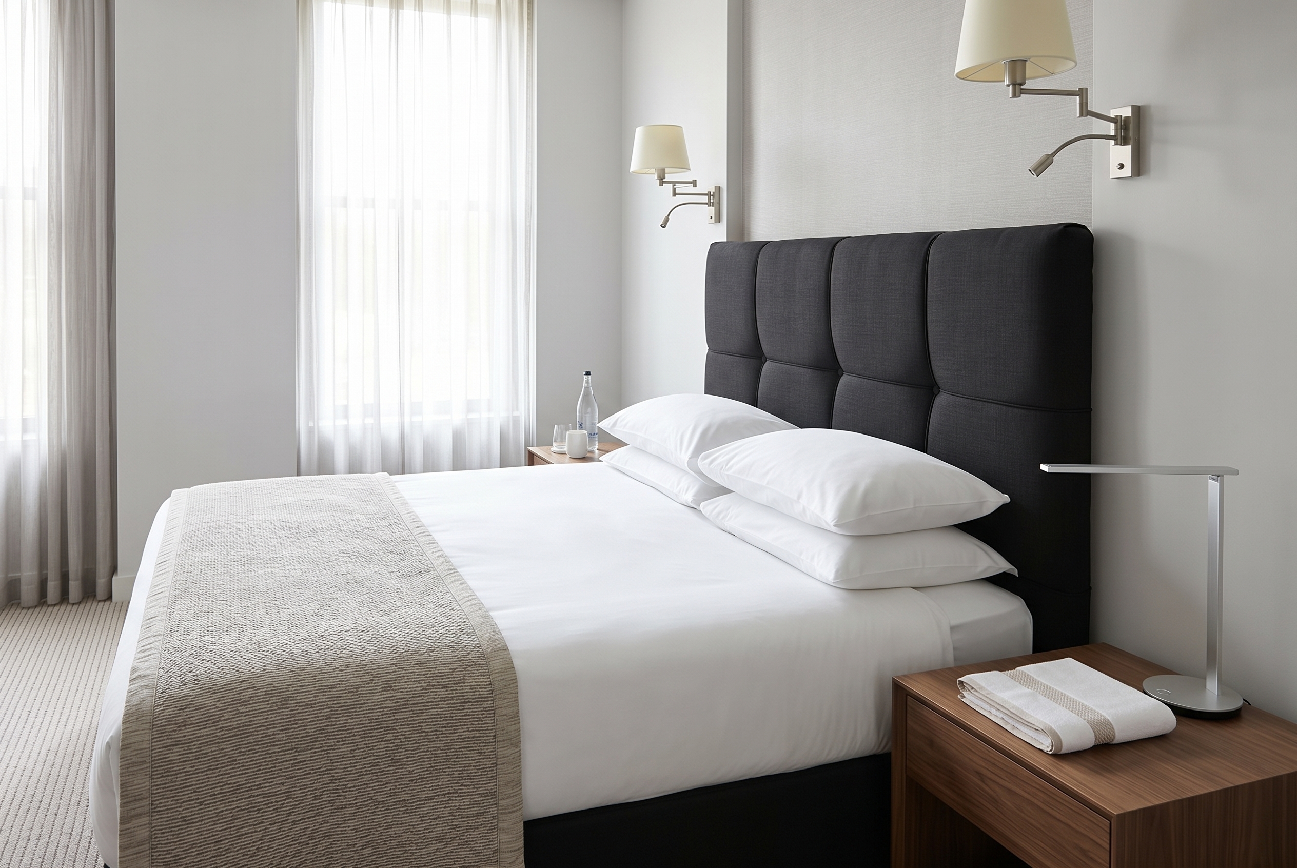 hoofdbord-voetbord-hotelbed-muurbescherming Een stijlvolle hotelkamer met een gestoffeerd hoofdbord dat de muur beschermt tegen slijtage en wrijving.