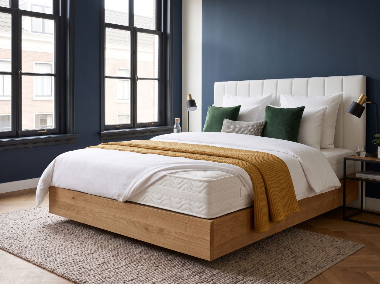 Tweepersoonsbed in een hotelkamer met een zichtbaar matras, wit beddengoed, groene kussens en een okergele plaid.