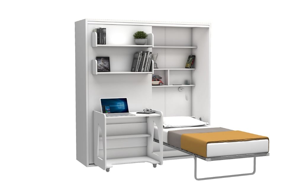 Hotelbedkast, 1 persoons maat 90 x 190, verticaal, met kast en bureau